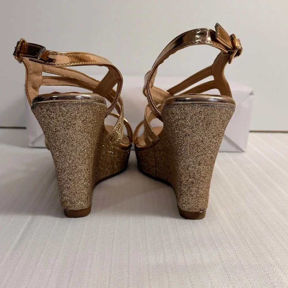 Rose Gold Glitter Metallic Wedge Sandals Sz 7.5 Strappy Platform Heels Prom Glam